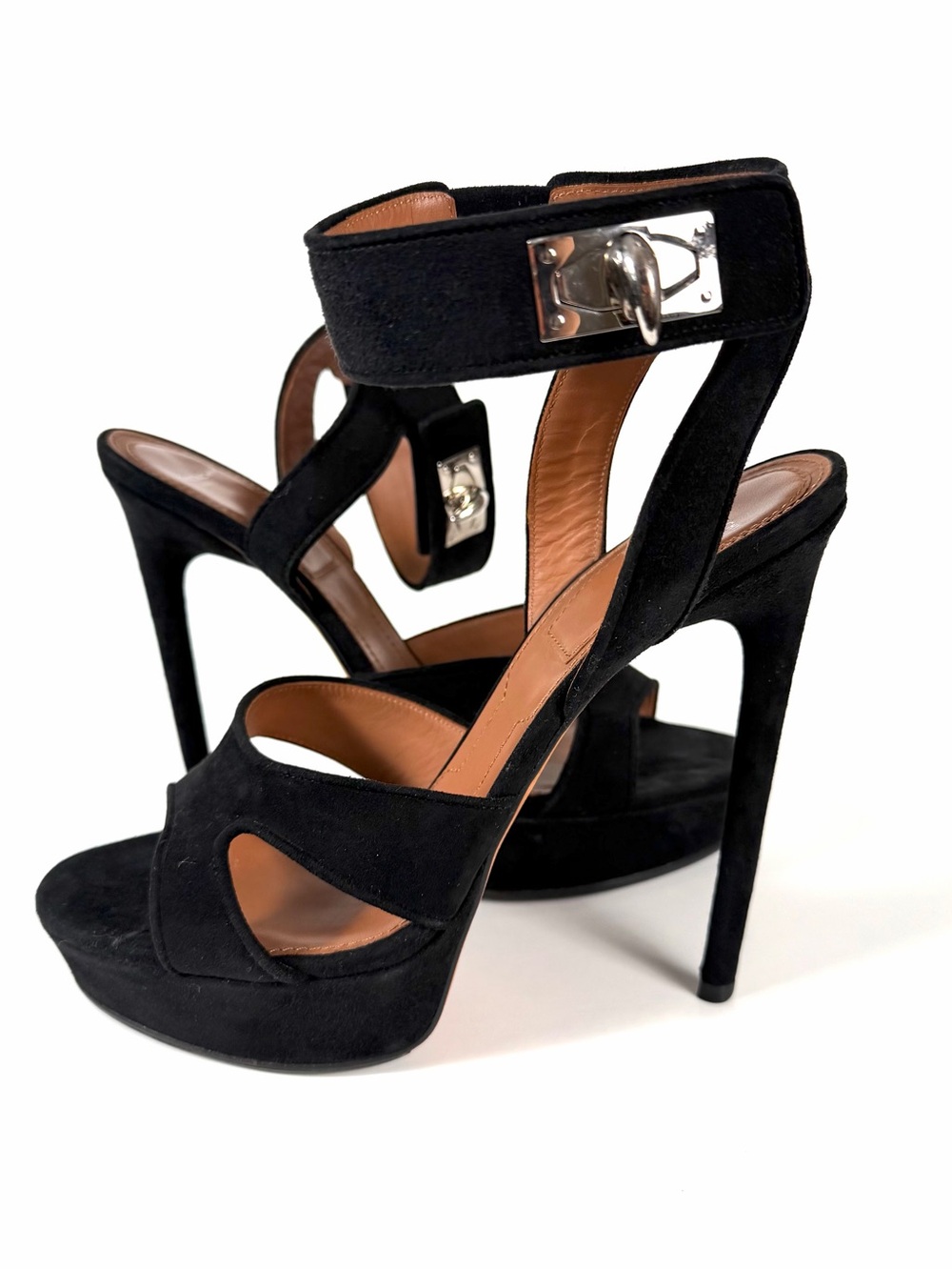 Givenchy Black Suede Platform Ankle-Strap Stiletto Matilda Shark Turn Lock Heel - Picture 3 of 15